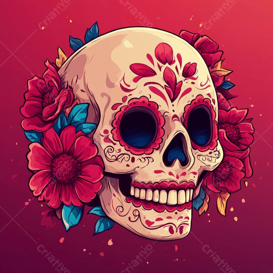 Crânio mexicano decorado com flores vermelhas em fundo vibrante para o Dia dos Mortos