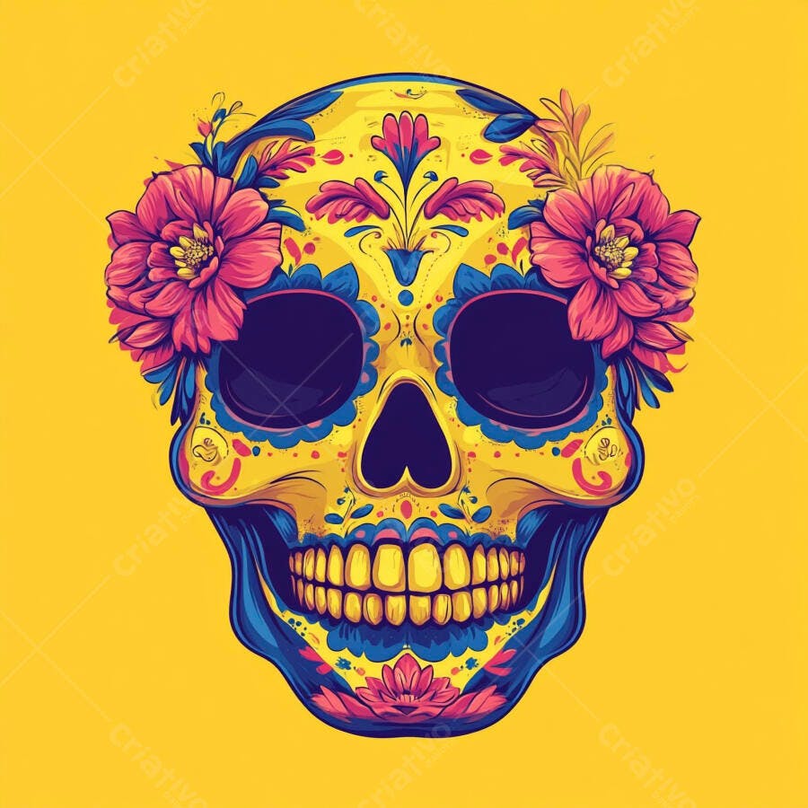 Caveira mexicana decorada em amarelo e azul vibrante com flores rosa Dia dos Mortos