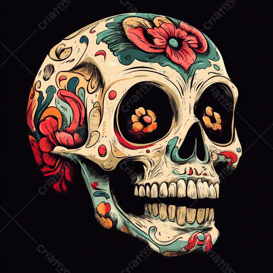 Caveira mexicana decorada com flores coloridas e padrões para Dia dos Mortos