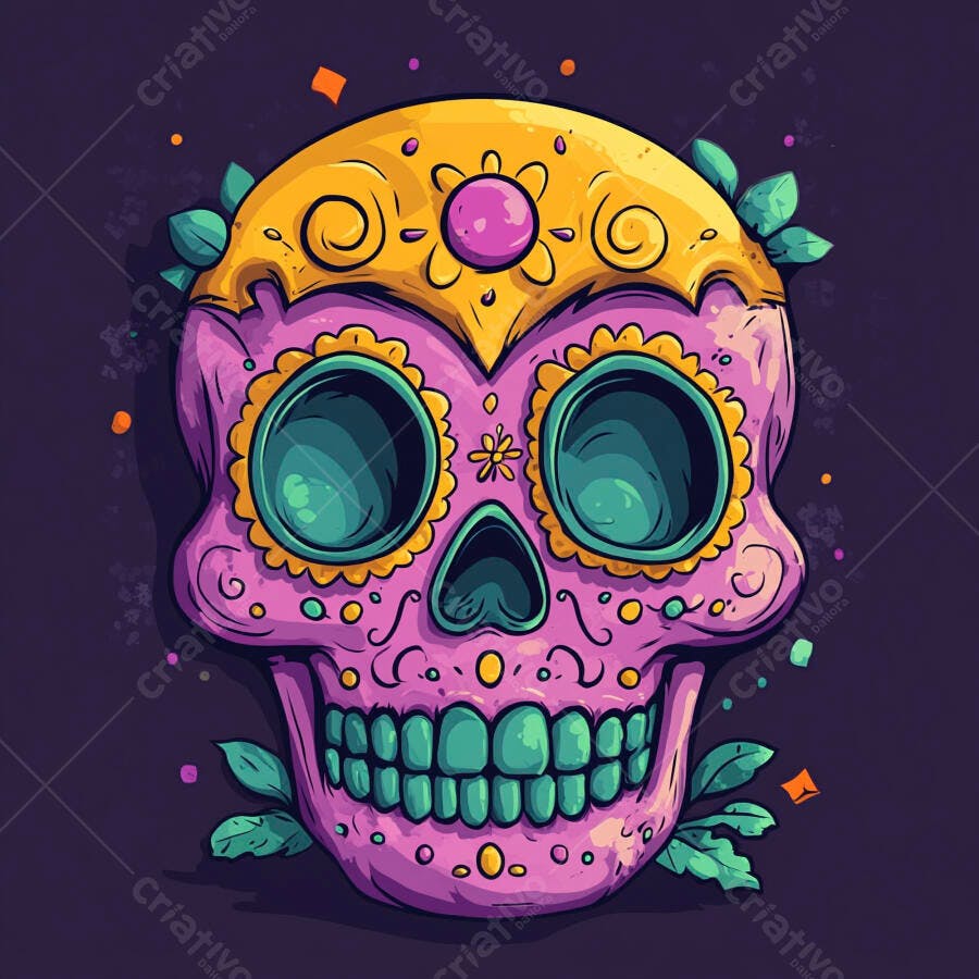 Caveira mexicana rosa e amarela decorada para celebração Dia de los Muertos