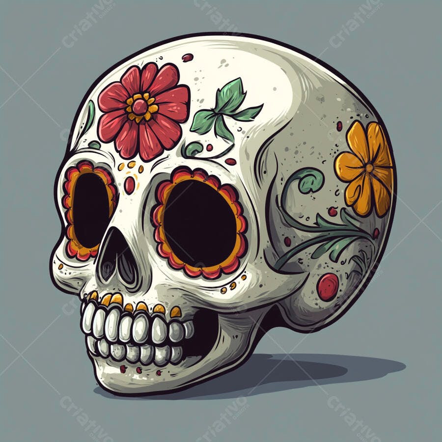 Calavera mexicana decorada com flores vermelhas e laranjas colorida Dia dos Mortos