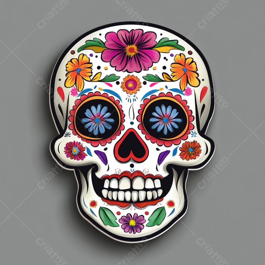 Calavera mexicana colorida Dia de Muertos com flores e artisticos detalhes