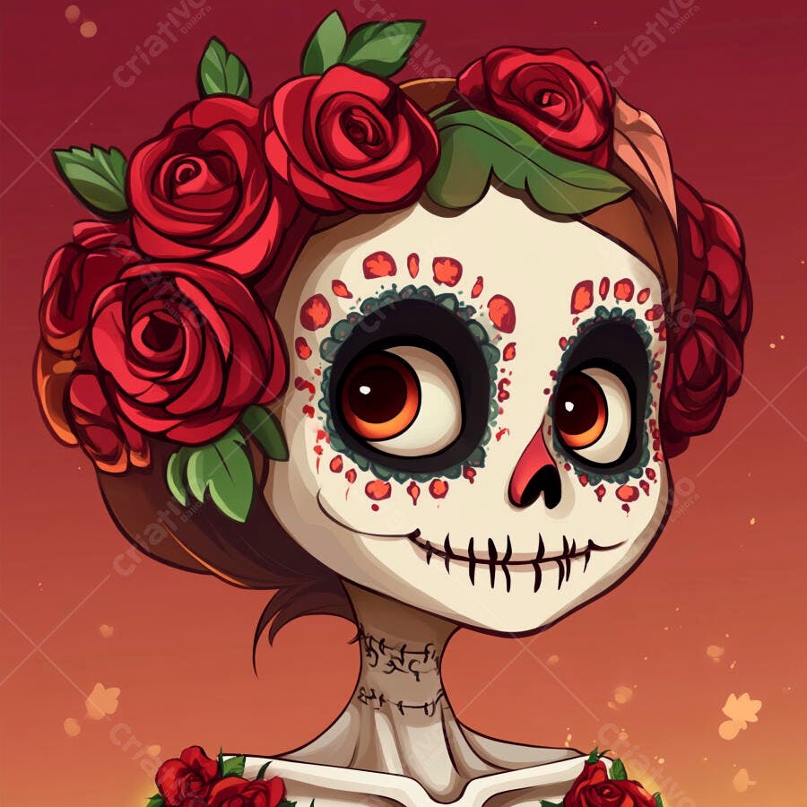 Mulher Catrina caveira mexicana com rosas vermelhas Dia dos Mortos