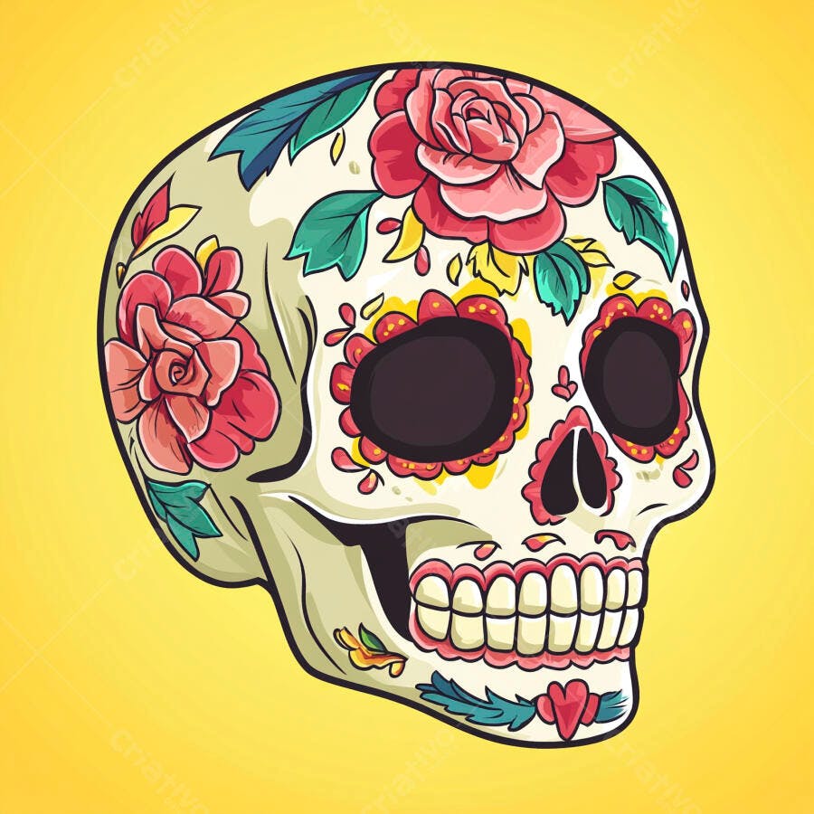 Crânio de açúcar decorado floral para Dia de los Muertos fundo amarelo vibrante