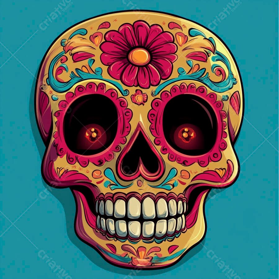 Caveira mexicana decorada amarela rosa azul para Dia dos Mortos festivo