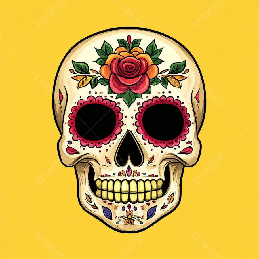 Caveira mexicana colorida do Dia dos Mortos com flores vibrantes
