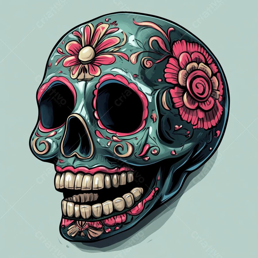 Crânio mexicano azul-petróleo e rosa com flores vibrantes celebração Dia dos Mortos