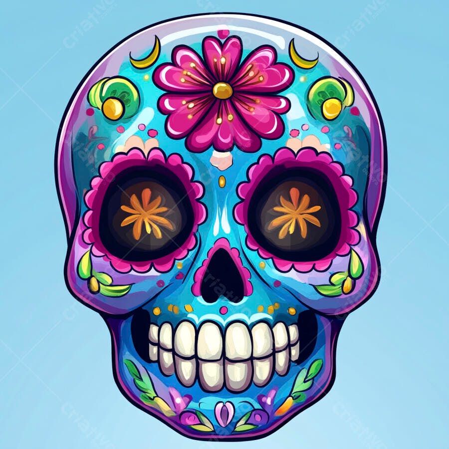Crânio de açúcar mexicano vibrante azul turquesa rosa e roxo flores Dia de los Muertos