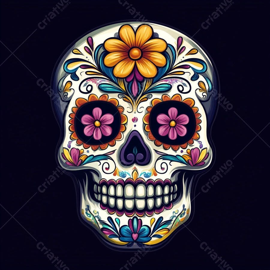Crânio calavera mexicano colorido com flores e padrões vibrantes