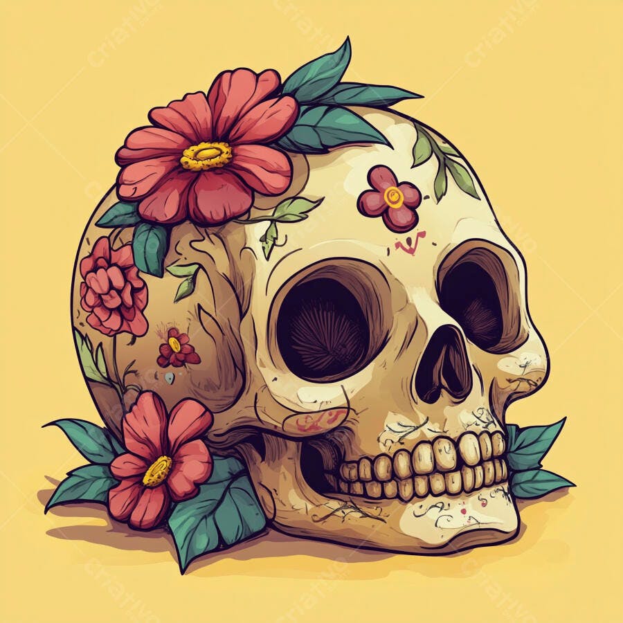 Calavera mexicana decorada com flores vermelhas e folhas verdes ilustração