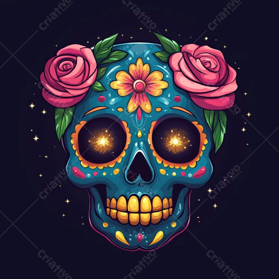 Calavera azul vibrante com rosas rosa e olhos brilhantes Dia dos Mortos