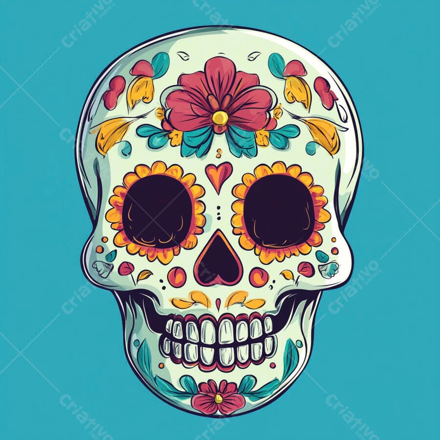 Caveira mexicana decorada com flores coloridas arte Dia de los Muertos