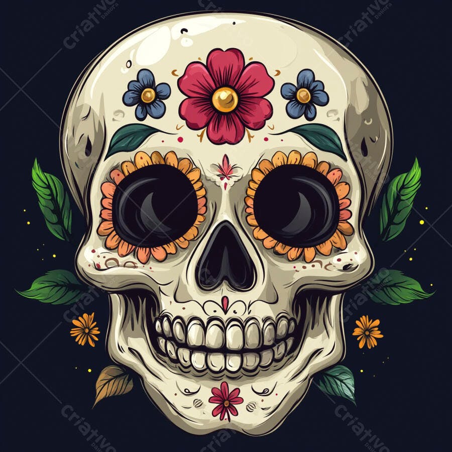 Caveira mexicana decorada com flores coloridas para Dia de los Muertos arte digital