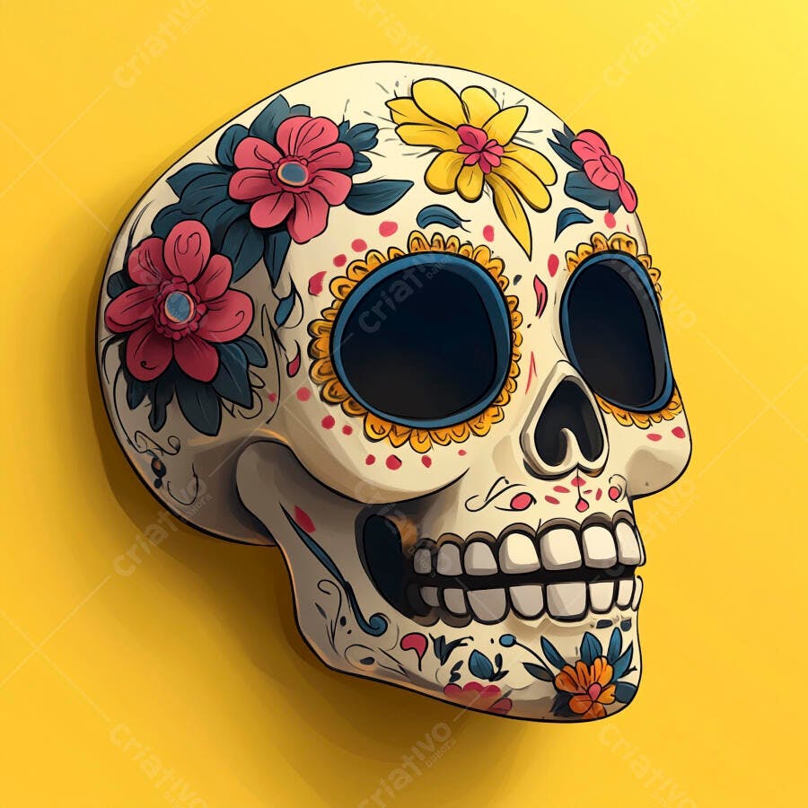 Calavera mexicana colorida com flores em fundo amarelo vibrante
