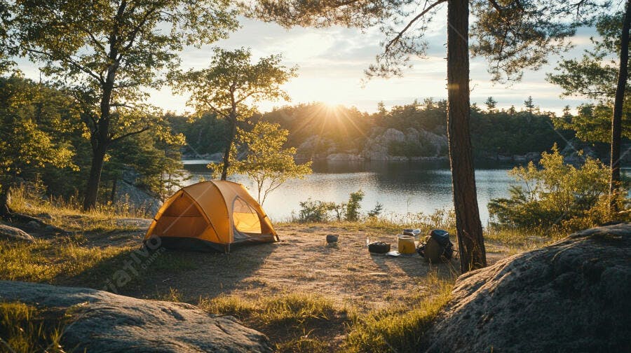 Tenda de acampamento laranja à beira do lago ao amanhecer na floresta rochosa
