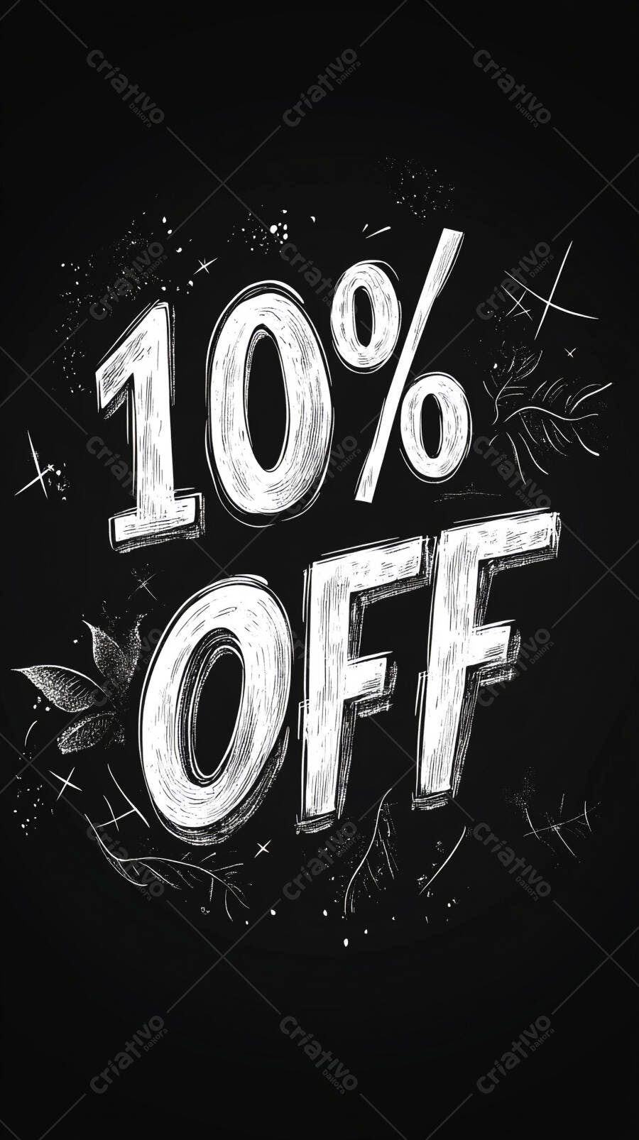 Oferta de 10% OFF em estilo giz branco sobre fundo de lousa preta
