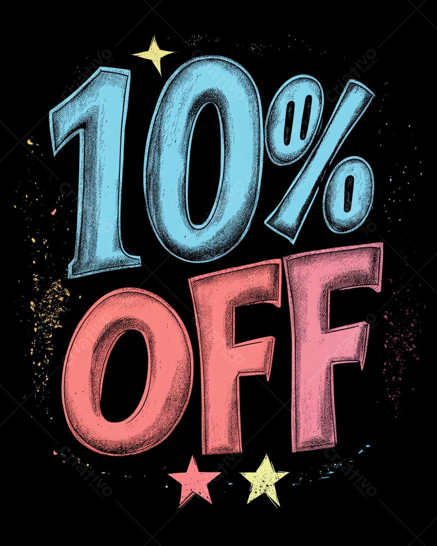 Desconto 10% off ilustração grunge em giz azul e rosa em fundo preto