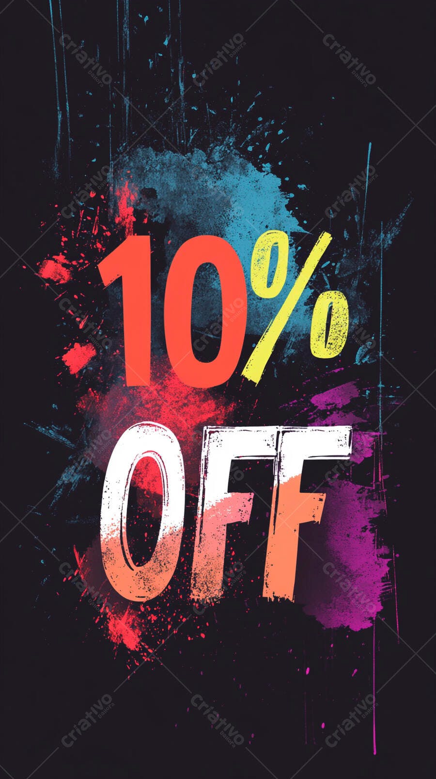 Oferta 10% OFF com tinta vibrante fundo escuro estilo grunge