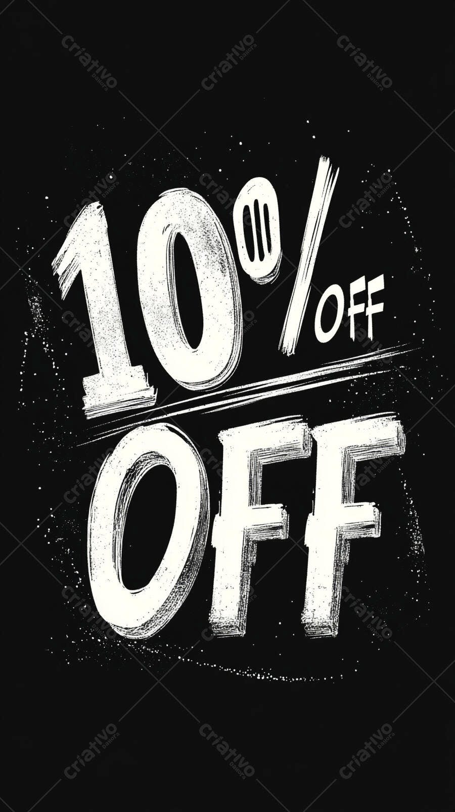 Desconto 10% OFF gráfico promocional estilo grunge preto e branco
