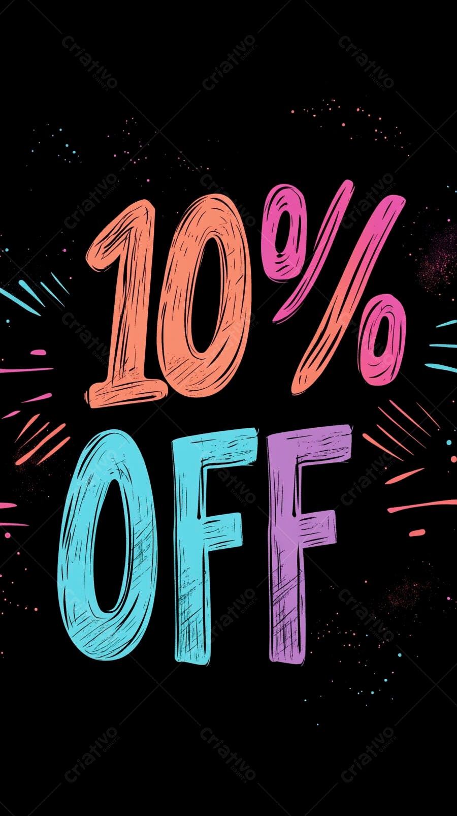 Desconto 10% OFF colorido vibrante fundo preto com estilo grafite