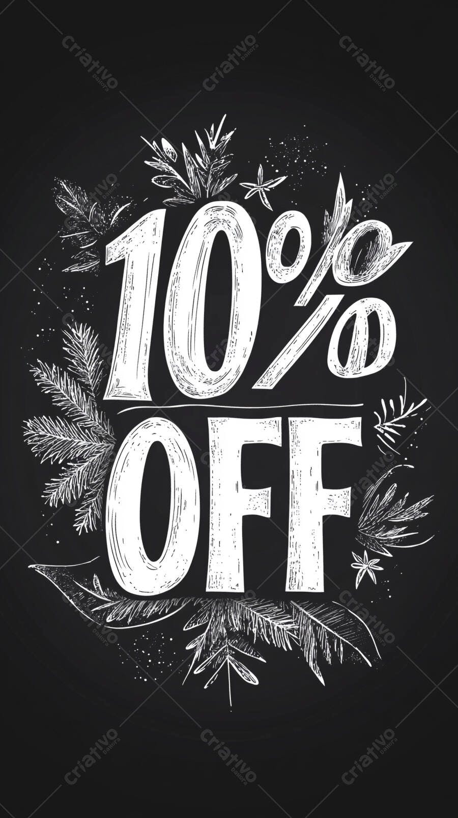 Desconto de 10% em giz branco com folhagem natalina em fundo preto para promoção festiva
