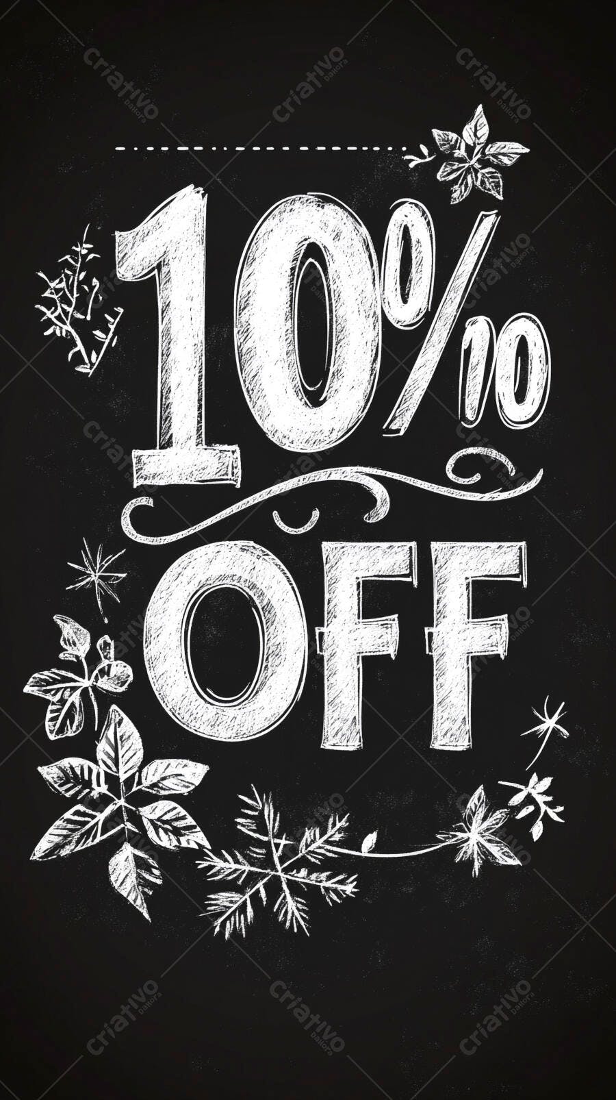 10% OFF promoção em estilo giz desenhado à mão com folhagens brancas