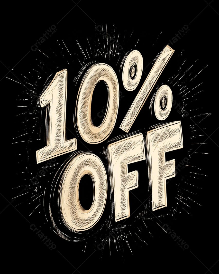 Desconto 10% OFF em letras béges estilo 3D ilustrado no fundo preto
