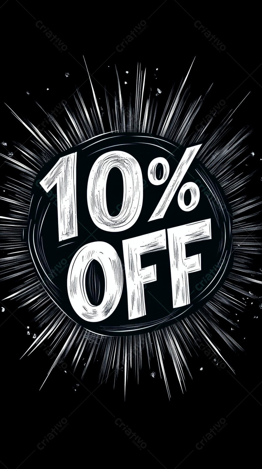Desconto 10% OFF banner promocional explosivo em preto e branco
