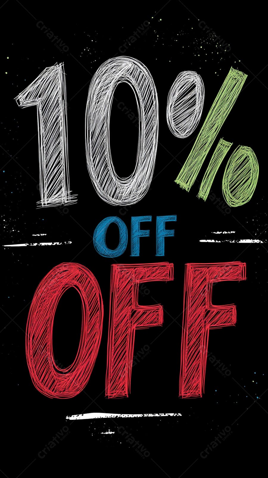 Desconto 10% OFF estilo giz colorido sobre fundo preto