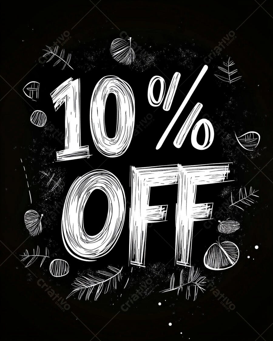 Oferta 10% OFF em lousa preta com folhas brancas desenhadas