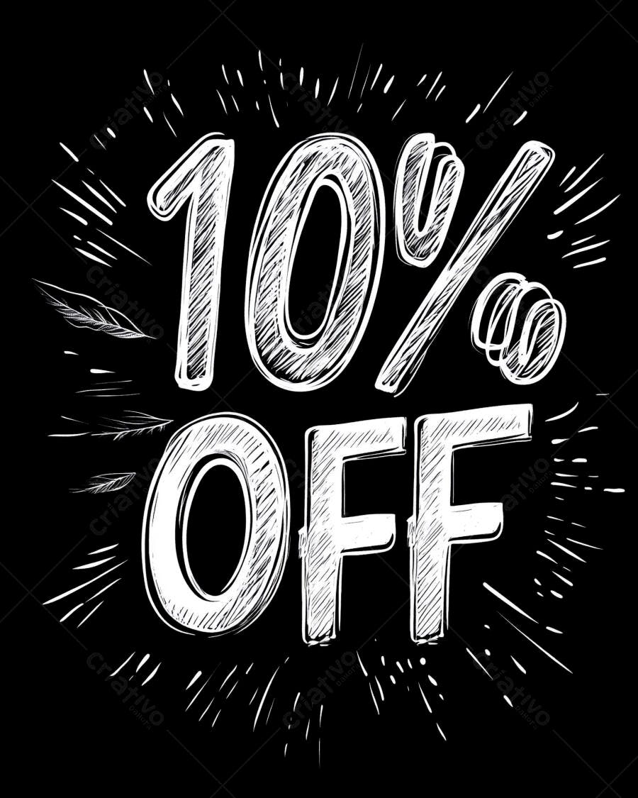 Desconto 10% OFF estilo lousa com explosão de linhas brancas