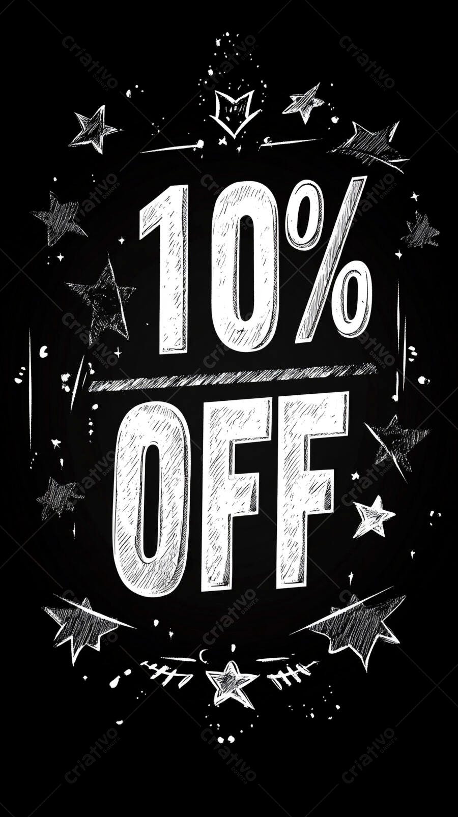 Desconto 10% OFF em lousa preta com estrelas de giz para promoção