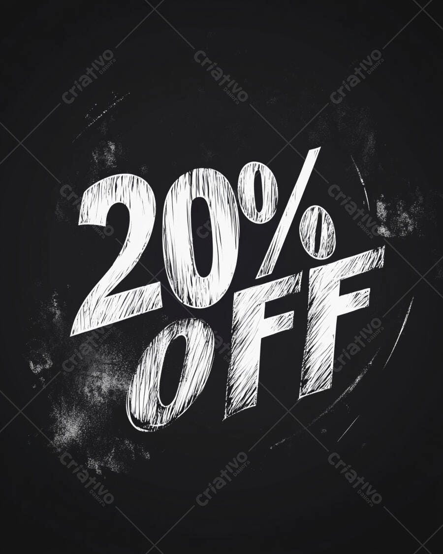 Desconto 20% OFF em fundo preto estilo lousa com textura de giz