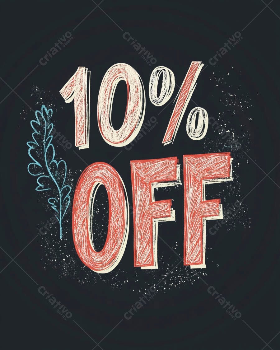Desconto 10% OFF rabiscado em vermelho e branco com fundo preto promocional