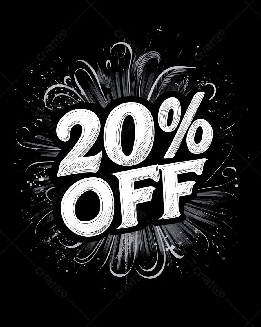 20% OFF desconto promocional em explosão criativa preto e branco