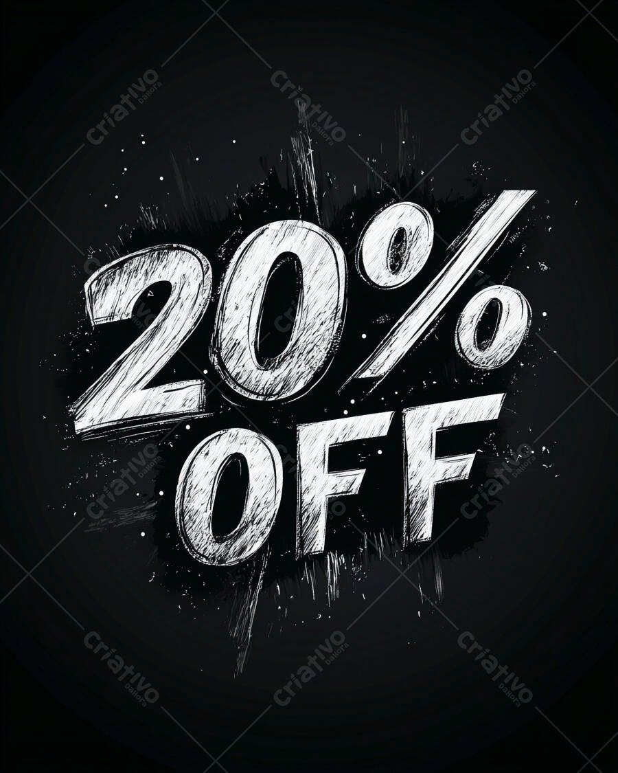 Desconto de 20% texto branco efeito grunge em fundo preto para promoção
