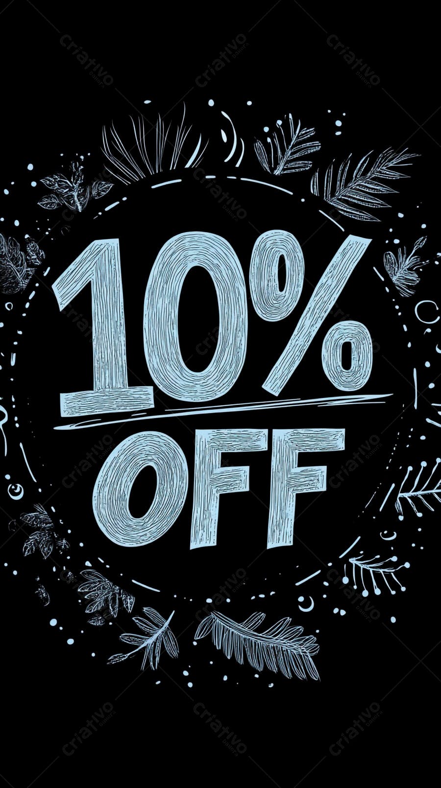 Promoção 10% OFF com desenho de folhagens azuis em fundo preto