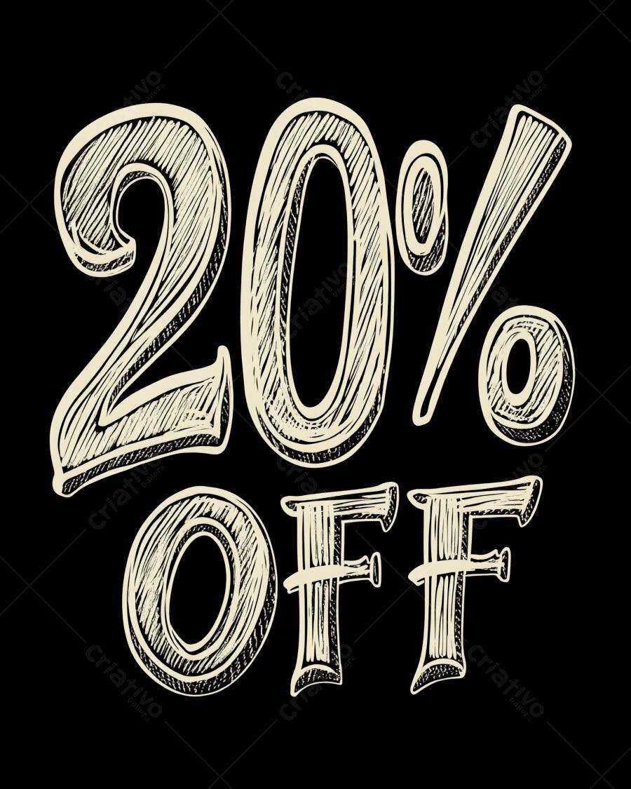 20% OFF desconto promocional com letras desenhadas à mão em fundo preto