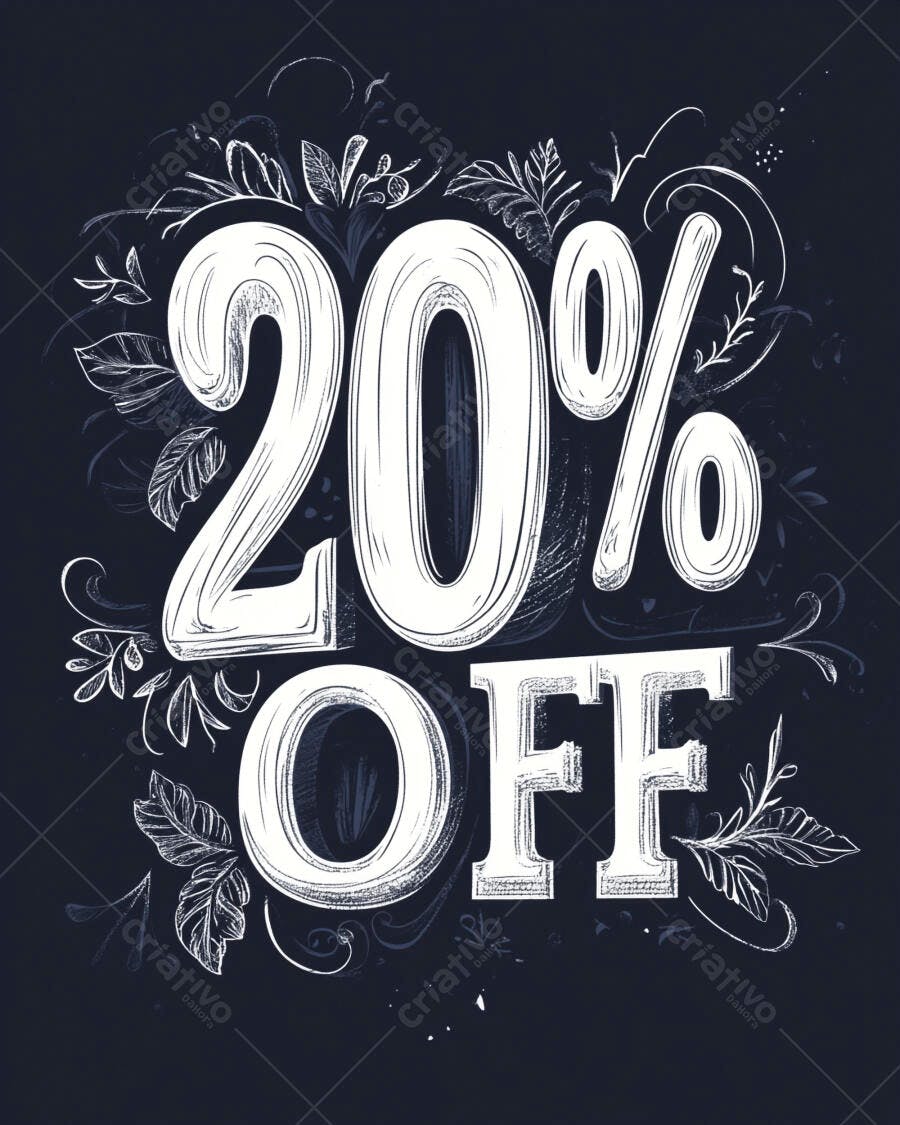 Desconto 20% OFF em estilo lousa com elementos florais brancos