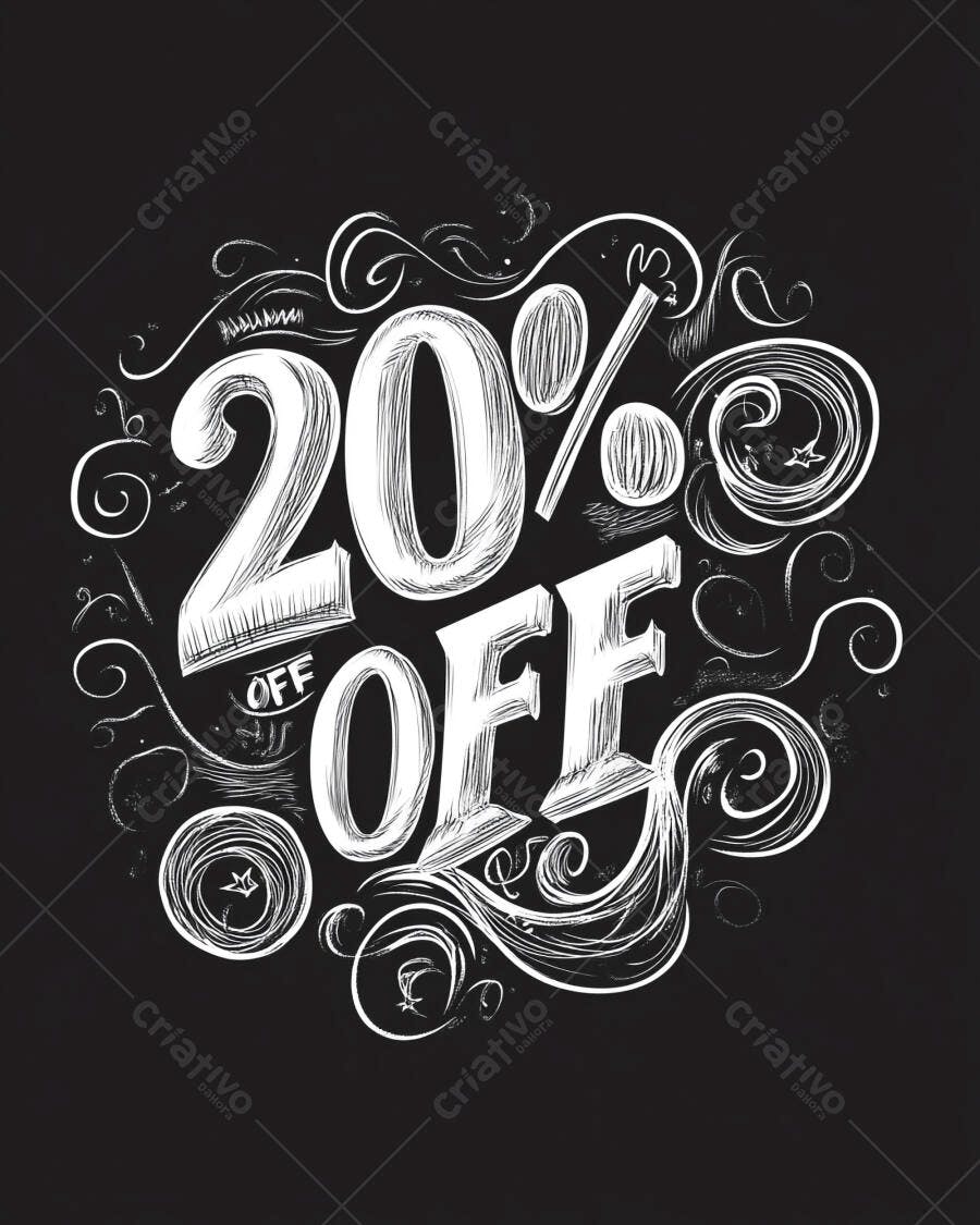 Oferta de 20% de desconto em lettering estilo giz sobre fundo preto