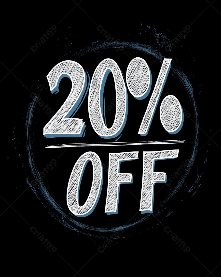 Desconto 20% OFF estilo giz rabiscado em fundo preto