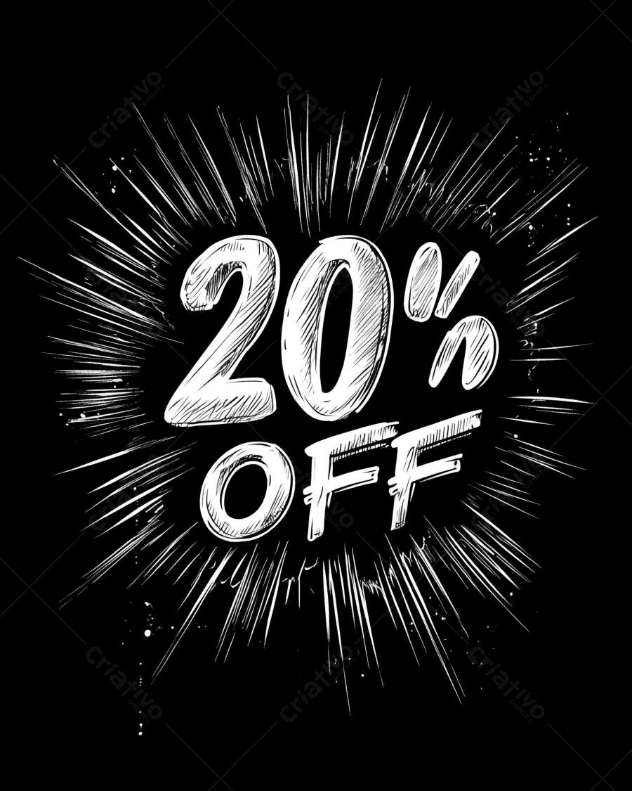 20% OFF em estilo rascunho com explosão branca em fundo preto