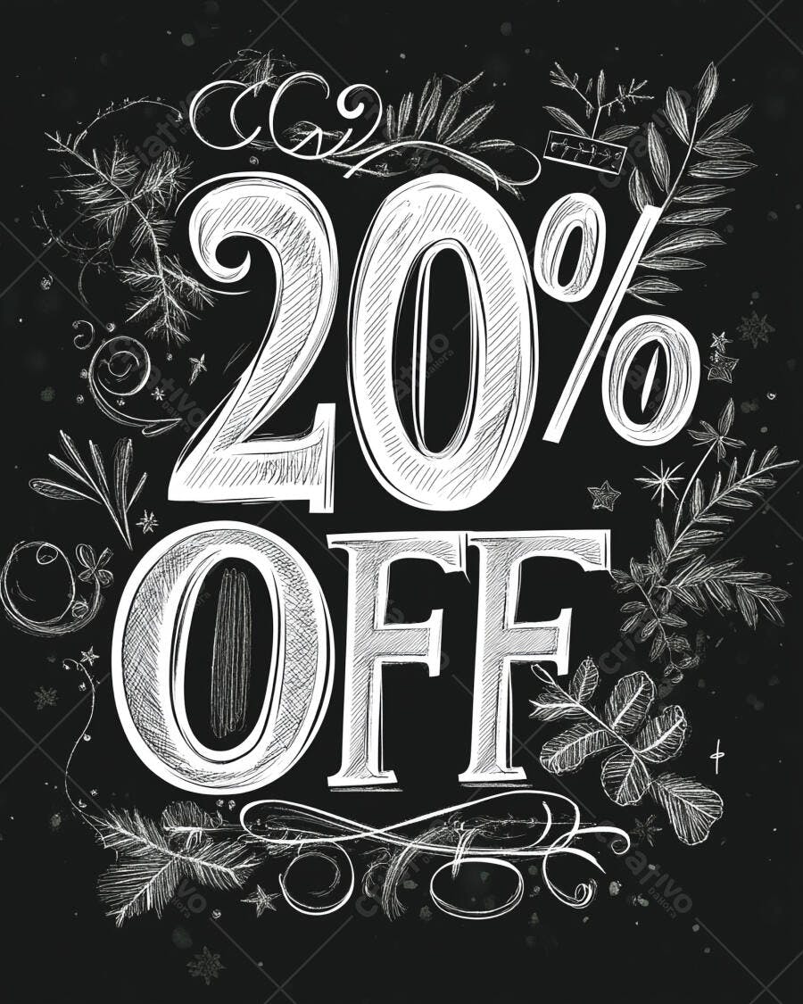 Desconto 20% OFF em lousa preta com folhagens desenhadas à mão para promoção