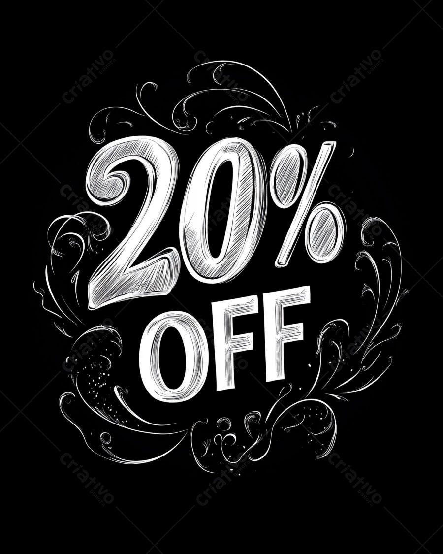 Desconto de 20% OFF em estilo desenhado à mão com ornamentos brancos fundo preto