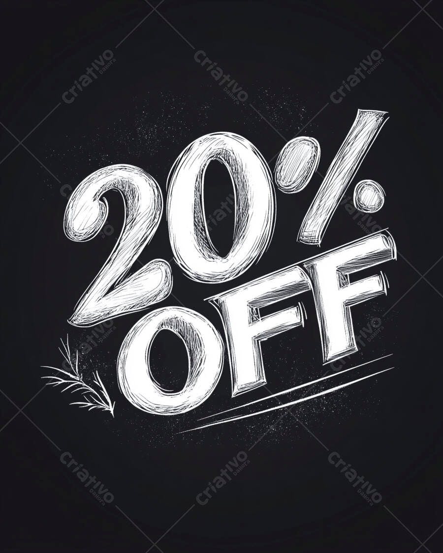 Desconto de 20% OFF estilo lousa com giz em fundo preto para promoção