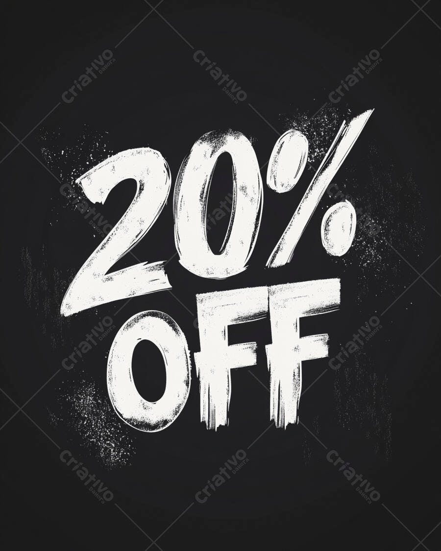 20% OFF em branco estilo giz com textura num fundo escuro