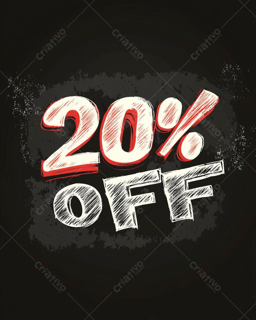 Desconto 20% OFF ilustração estilo giz em lousa preta letras vermelhas e brancas