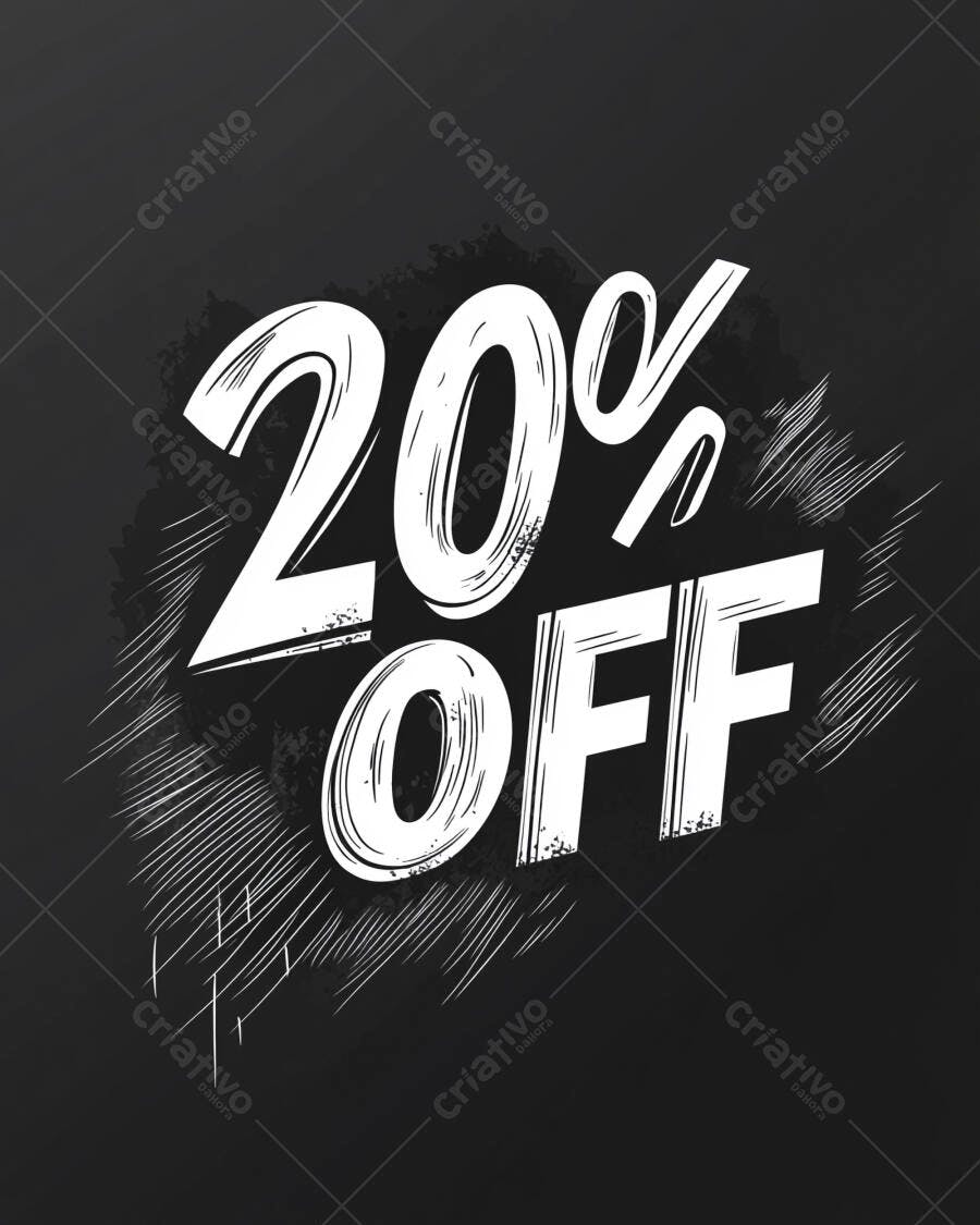 Desconto de 20% OFF em estilo quadro negro com letras brancas e textura grunge