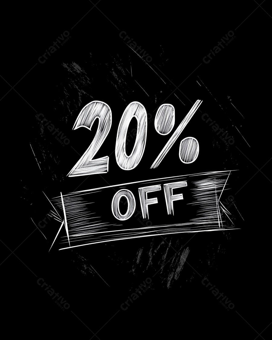 Desconto 20% OFF em banner com efeito giz em lousa escura design promocional
