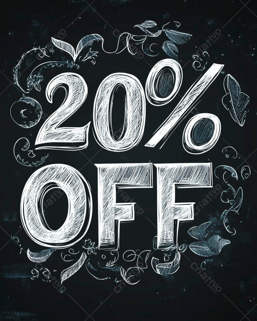 Anúncio 20% OFF em lousa preta com arte chalk decorativa